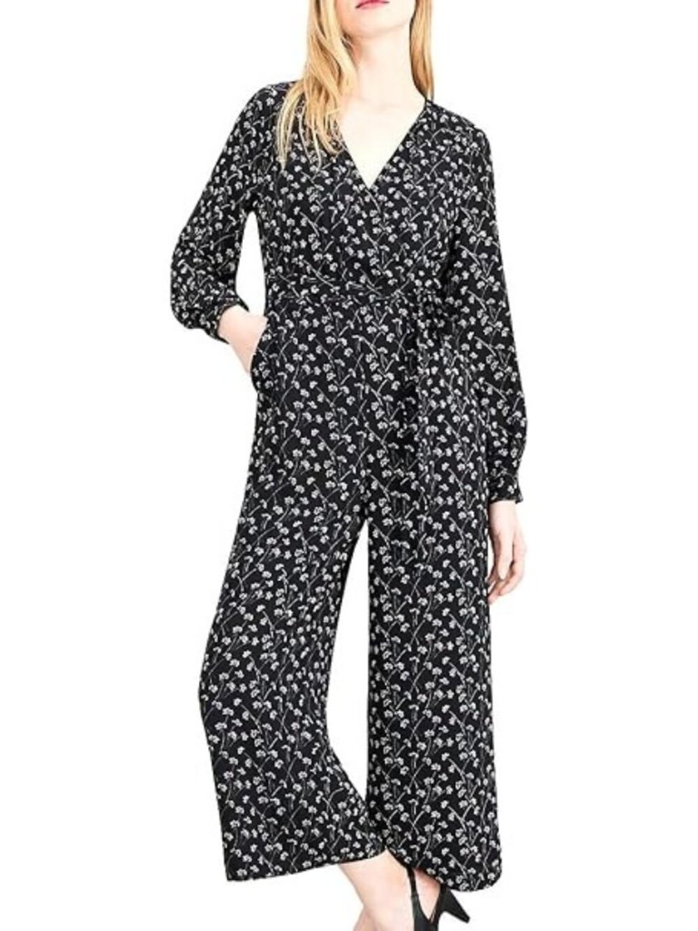 Maison Jules Jumpsuit Floral Print Long Sleeve Women Size 2 Black